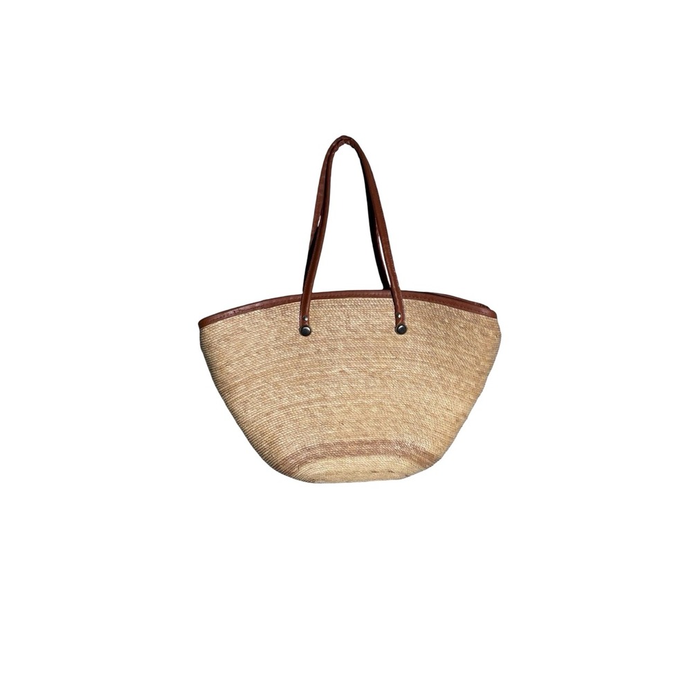 Woven Straw Tote Bag Brown Trim Zipper Top Shoulder Beach Market Bag Tan Large